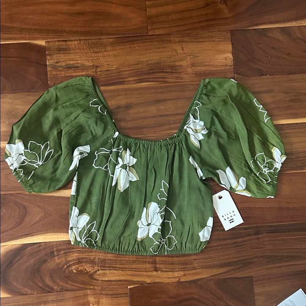 Billabong Olive Floral Blouse with Puff Sleeves SMALL NWT